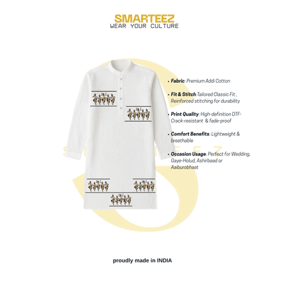 Tribal dance ethnic printed cotton kurta for men by SMARTEEZ, highlighting fabric quality, fit, and cultural design for festive occasions.