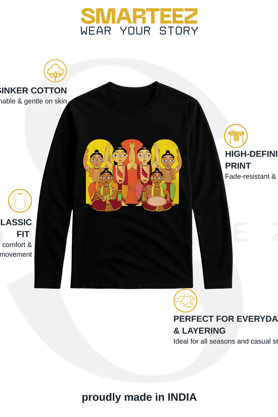 Hare Krishna Unisex Tee with vibrant Sankirtan artwork in full sleeves, made from 180 GSM cotton for spiritual and casual wear.