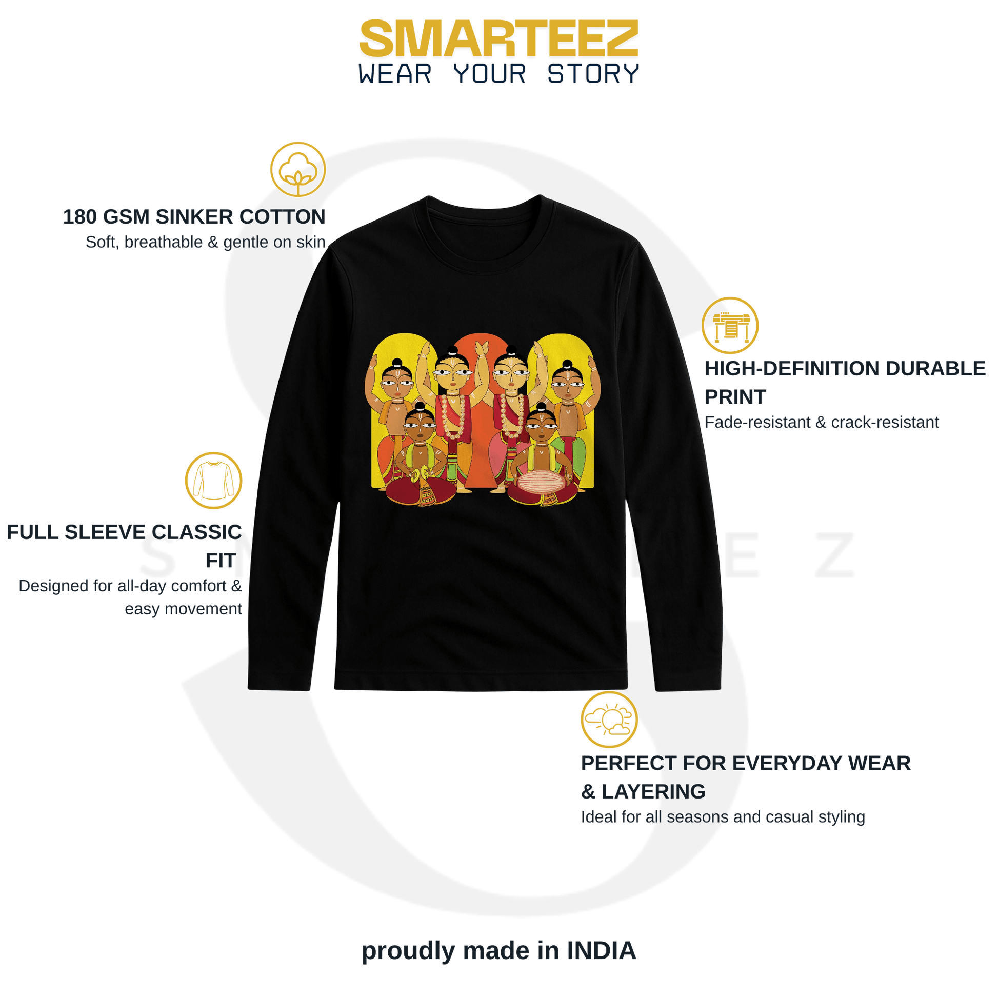 Hare Krishna Unisex Tee with vibrant Sankirtan artwork in full sleeves, made from 180 GSM cotton for spiritual and casual wear.