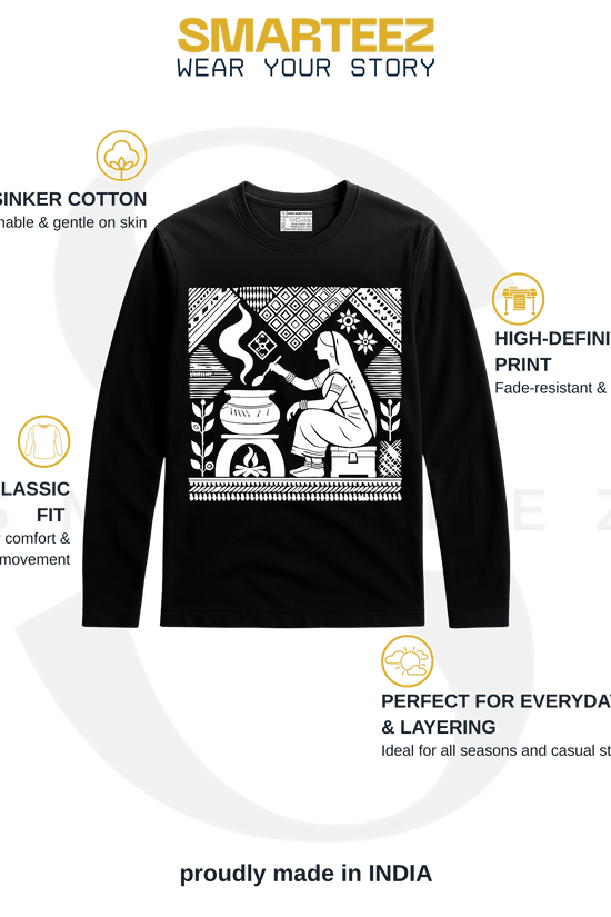 Tagore Art T-Shirt - Rabindranath in black with full sleeves, featuring a bold white graphic of a homemaker inspired by Tagore's art. Unisex cotton tee with high-definition print and 180 GSM fabric for comfort and durability.