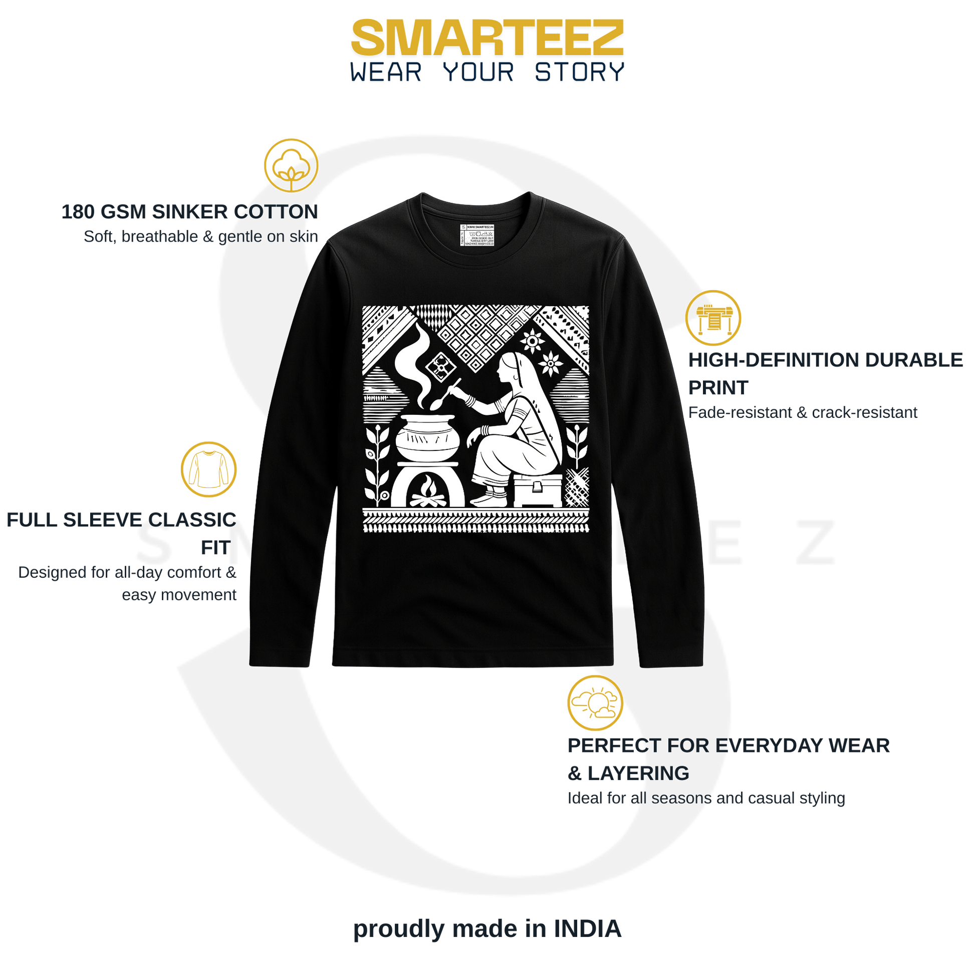 Tagore Art T-Shirt - Rabindranath in black with full sleeves, featuring a bold white graphic of a homemaker inspired by Tagore's art. Unisex cotton tee with high-definition print and 180 GSM fabric for comfort and durability.