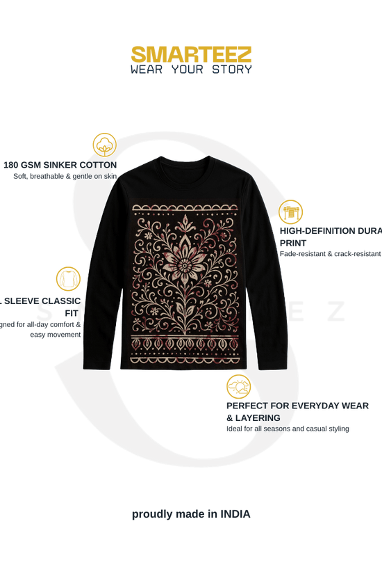 Bengali Alpona Art T-Shirt – Floral Folk design in white and maroon on black full sleeves cotton tee. Unisex ethnic wear, ideal for layering.