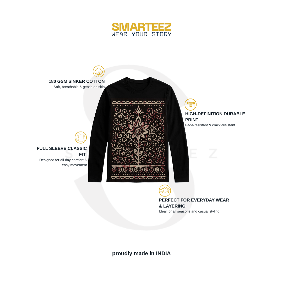 Bengali Alpona Art T-Shirt – Floral Folk design in white and maroon on black full sleeves cotton tee. Unisex ethnic wear, ideal for layering.