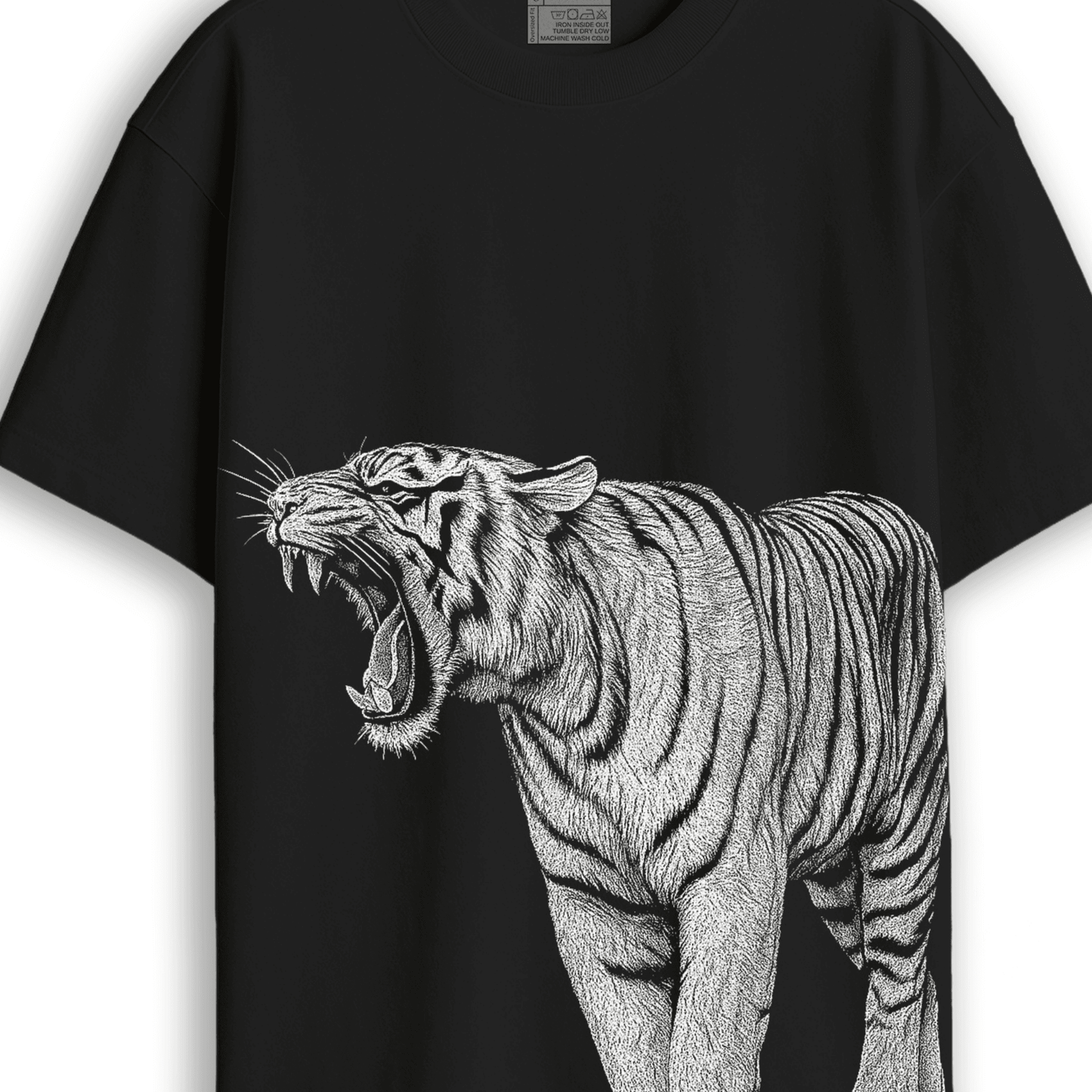 Close-up of the Royal Bengal Tiger graphic on the oversized unisex T-shirt, showcasing detailed line art of the roaring tiger.