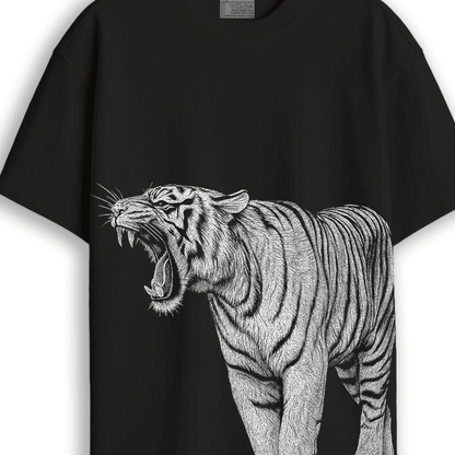 Close-up of the Royal Bengal Tiger graphic on the oversized unisex T-shirt, showcasing detailed line art of the roaring tiger.