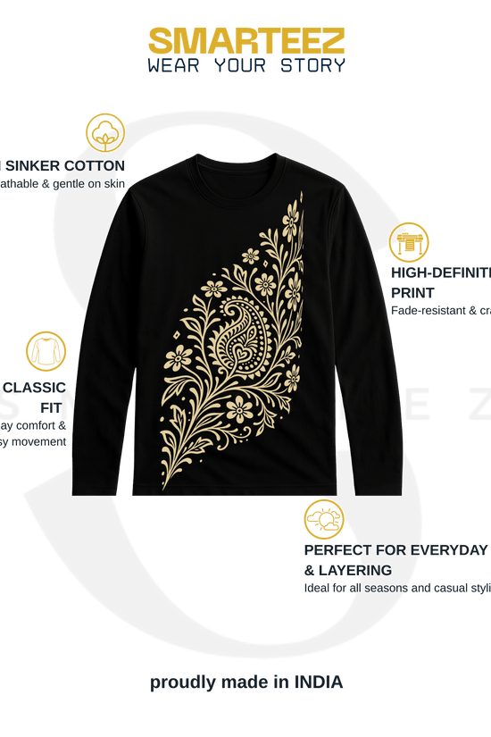 Alpona Grace Bengali full sleeve t-shirt in black with intricate golden floral design. Unisex cotton tee ideal for ethnic wear and casual layering.