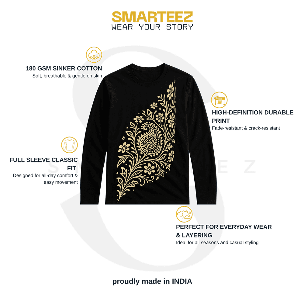 Alpona Grace Bengali full sleeve t-shirt in black with intricate golden floral design. Unisex cotton tee ideal for ethnic wear and casual layering.