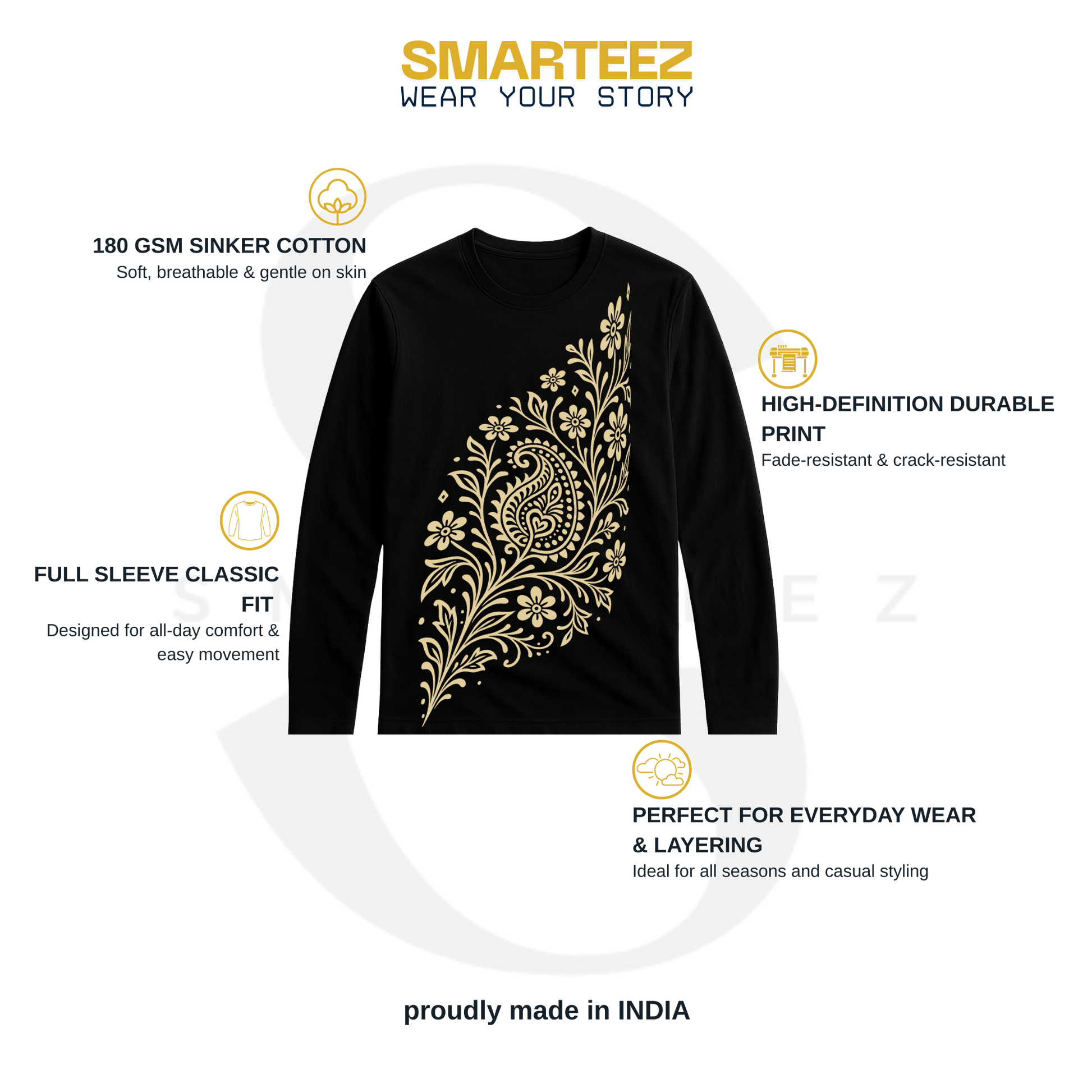 Alpona Grace Bengali full sleeve t-shirt in black with intricate golden floral design. Unisex cotton tee ideal for ethnic wear and casual layering.