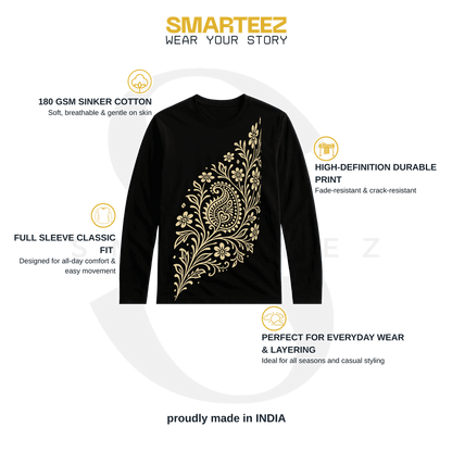 Alpona Grace Bengali full sleeve t-shirt in black with intricate golden floral design. Unisex cotton tee ideal for ethnic wear and casual layering.