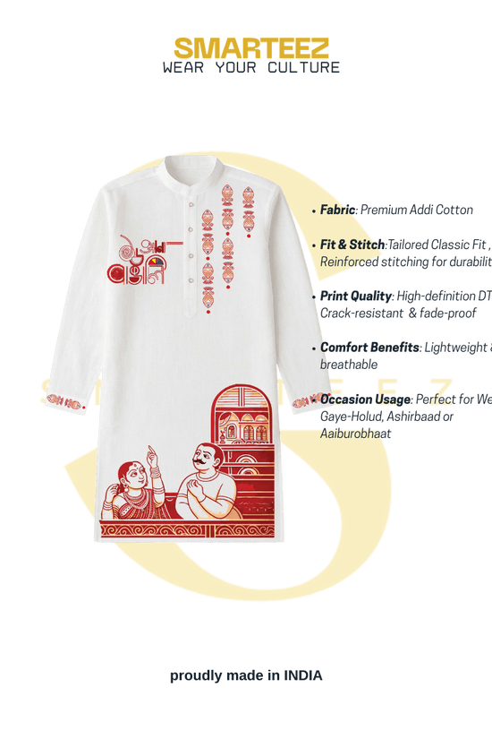 Smarteez 16 Ana Bengali Kurta for men in white cotton with red cultural prints, highlighting fit, fabric, and print quality for ethnic occasions.