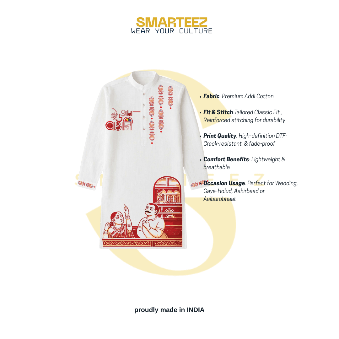 Smarteez 16 Ana Bengali Kurta for men in white cotton with red cultural prints, highlighting fit, fabric, and print quality for ethnic occasions.