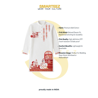 Smarteez 16 Ana Bengali Kurta for men in white cotton with red cultural prints, highlighting fit, fabric, and print quality for ethnic occasions.