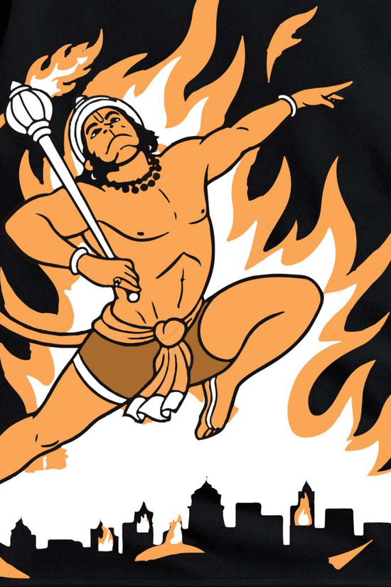 Hanuman Fire Warrior T-Shirt | Bajrangbali Mythological Power Art | Unisex Black Tee
