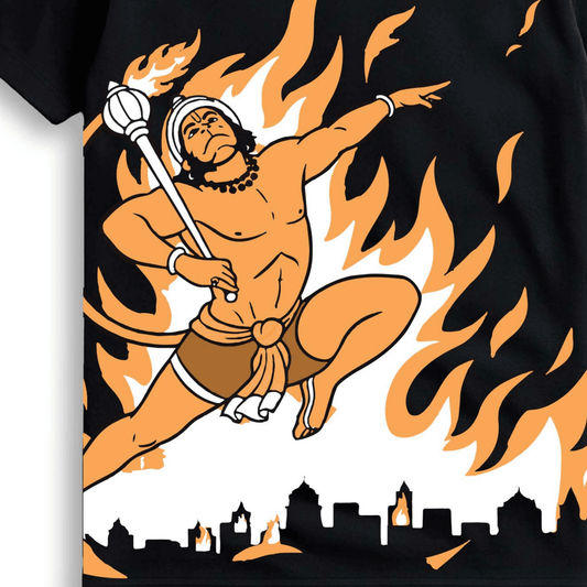 Hanuman Fire Warrior T-Shirt | Bajrangbali Mythological Power Art | Unisex Black Tee