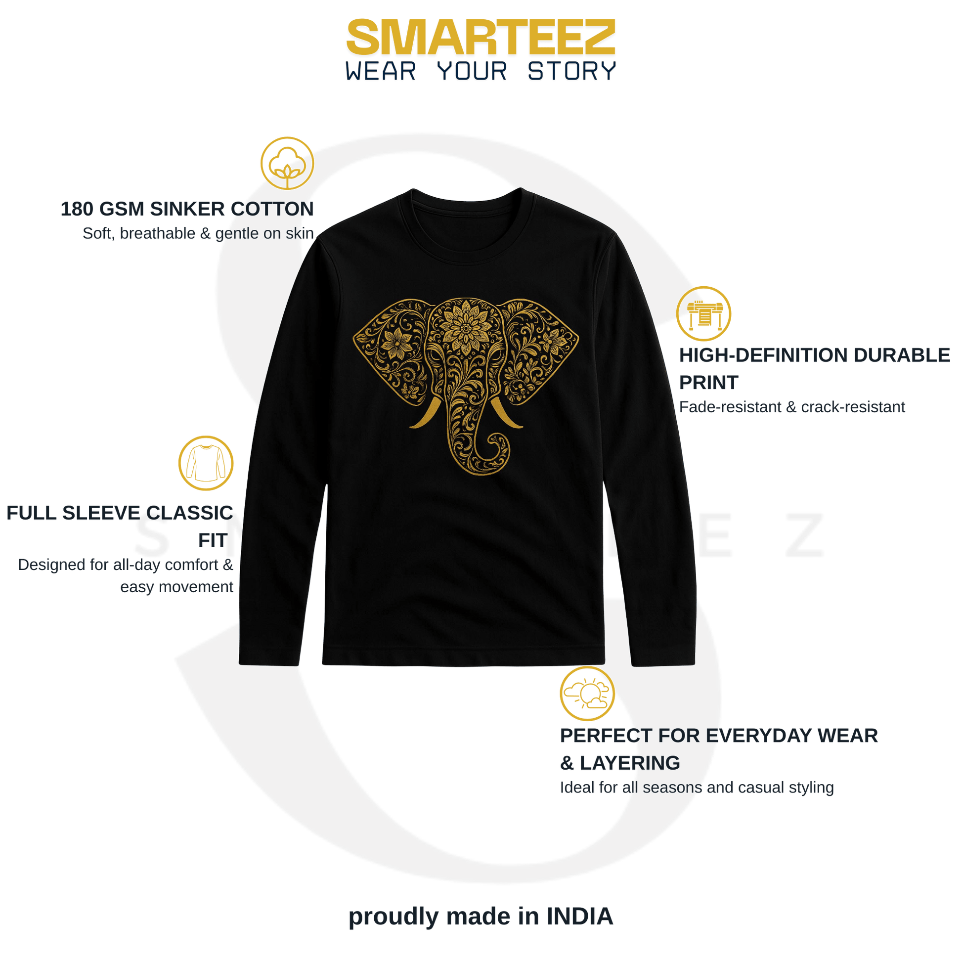 Classic Black T-Shirt - Elephant Print Gold in 100% cotton with intricate gold elephant design, full sleeves, ideal for unisex casual wear.
