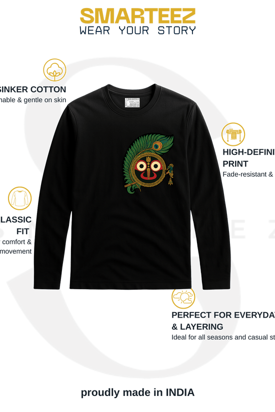 Rath Yatra T-Shirt - Jagannath design with peacock feather and flute on black full sleeves cotton tee, ideal for spiritual and festive wear.