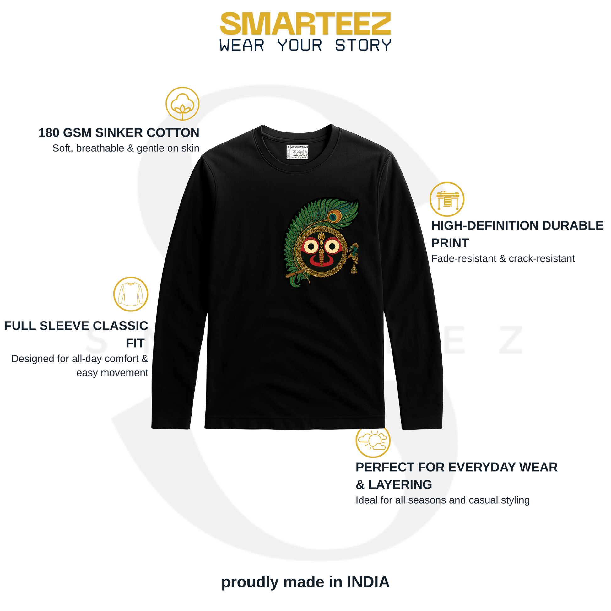 Rath Yatra T-Shirt - Jagannath design with peacock feather and flute on black full sleeves cotton tee, ideal for spiritual and festive wear.