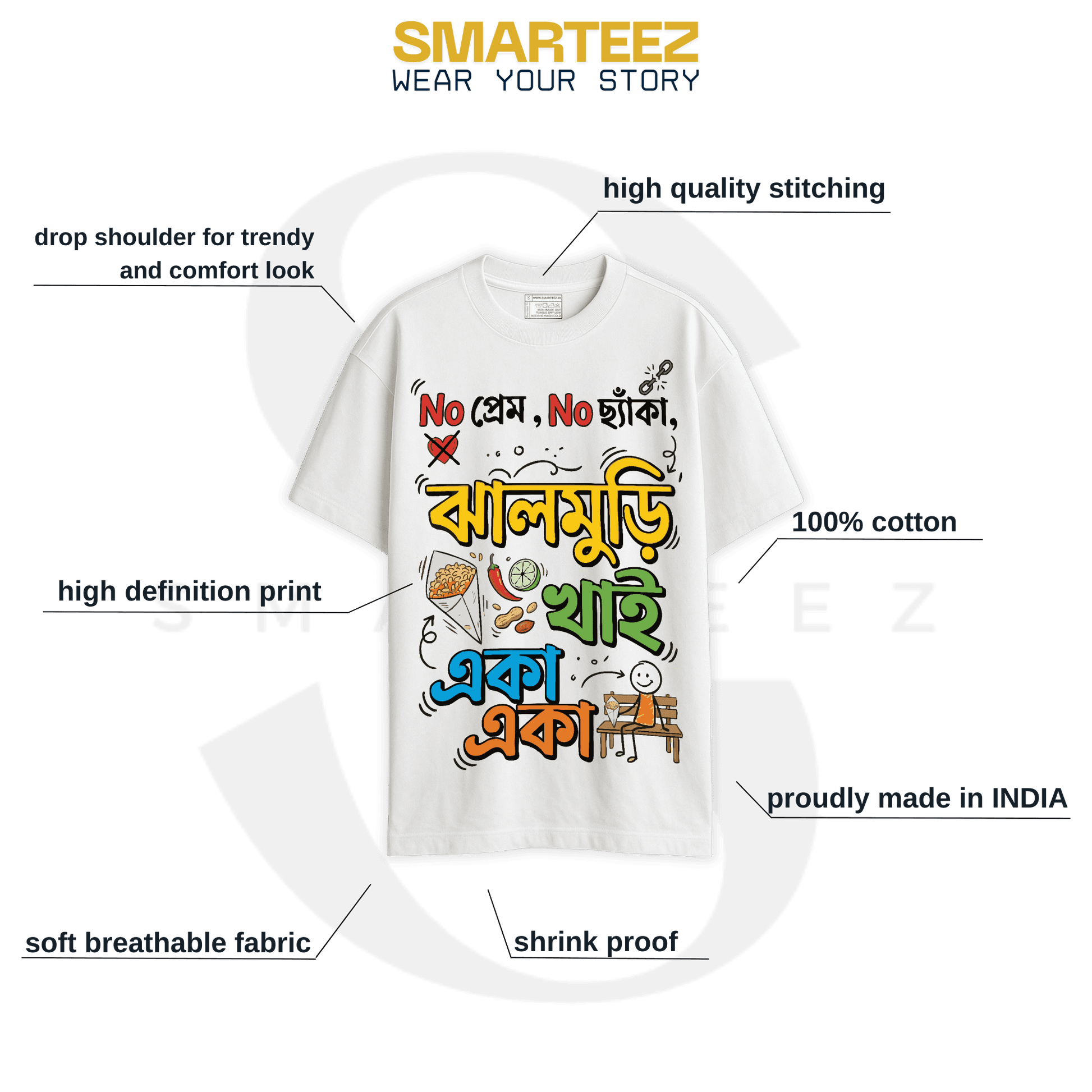 Product image showing Bengali typography T-shirt with colorful design and illustrations