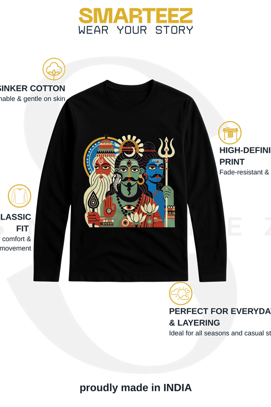 Tridev Bengali Heritage T-shirt - Patachitra Full Sleeves in black cotton featuring Brahma, Vishnu, and Mahesh in vibrant folk art design.