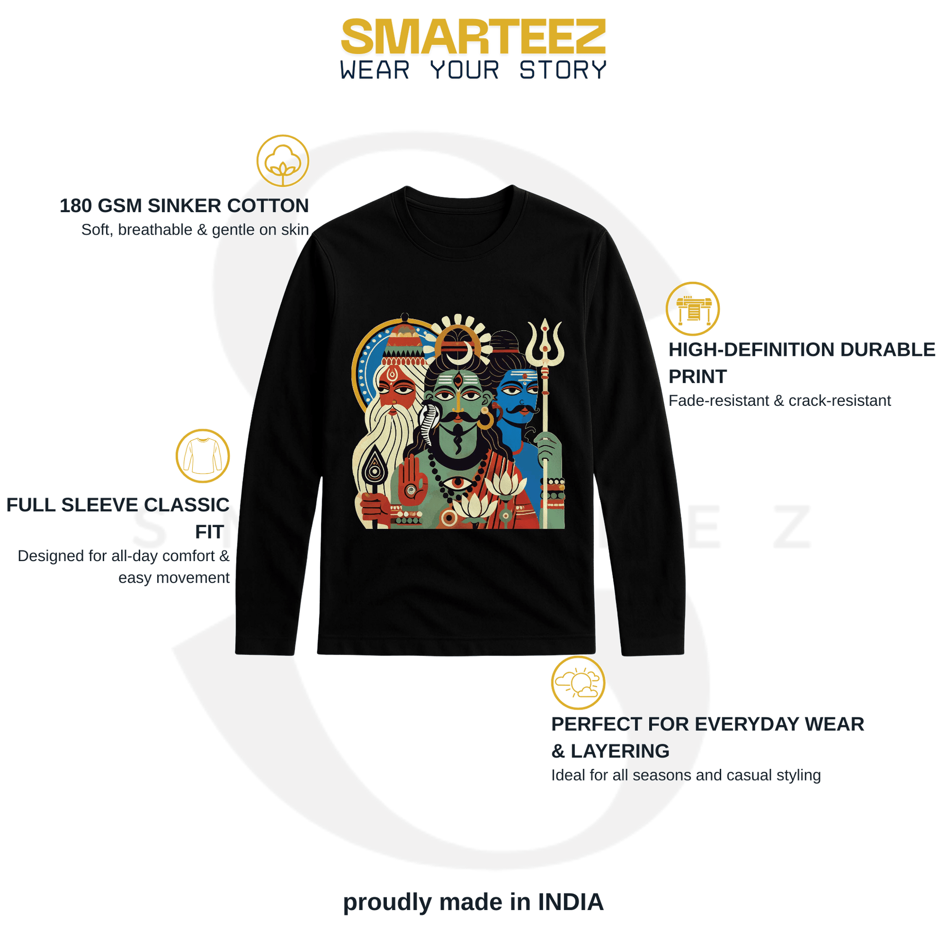 Tridev Bengali Heritage T-shirt - Patachitra Full Sleeves in black cotton featuring Brahma, Vishnu, and Mahesh in vibrant folk art design.