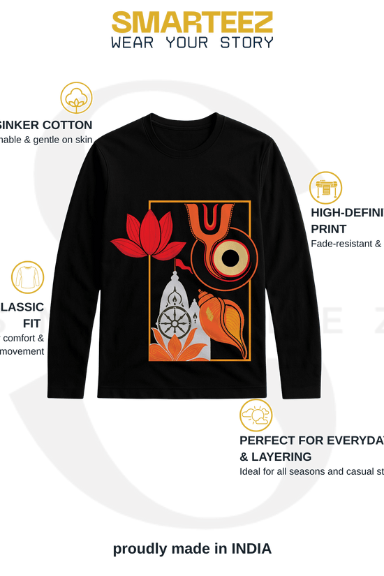 Jagannath Temple Tee - Religious Full Sleeve Tshirt with minimalist Rath Yatra design featuring Puri Temple silhouette and chariot flag in black cotton.