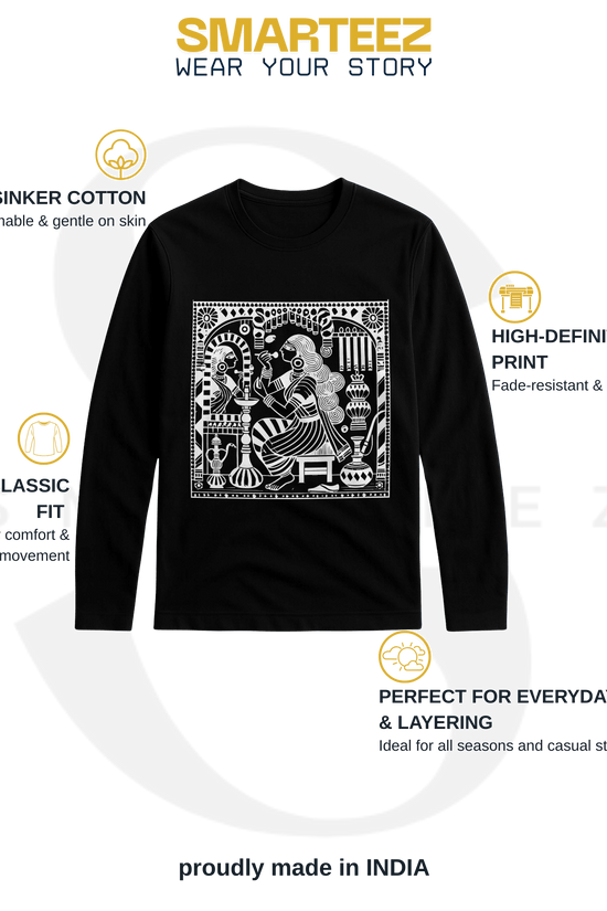 Kalighat Patachitra T-Shirt in black with full sleeves, featuring bold white Bengal folk art print on soft 180 GSM cotton. Ideal for casual wear.