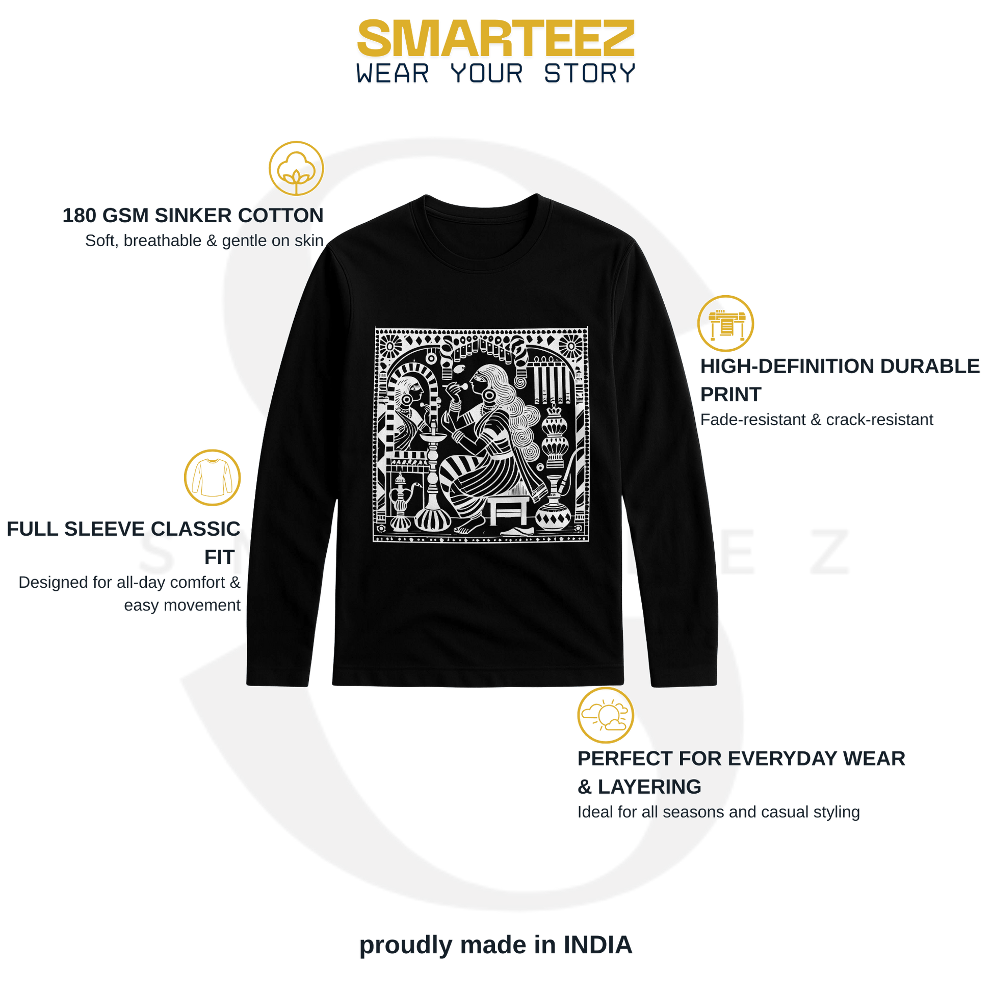 Kalighat Patachitra T-Shirt in black with full sleeves, featuring bold white Bengal folk art print on soft 180 GSM cotton. Ideal for casual wear.