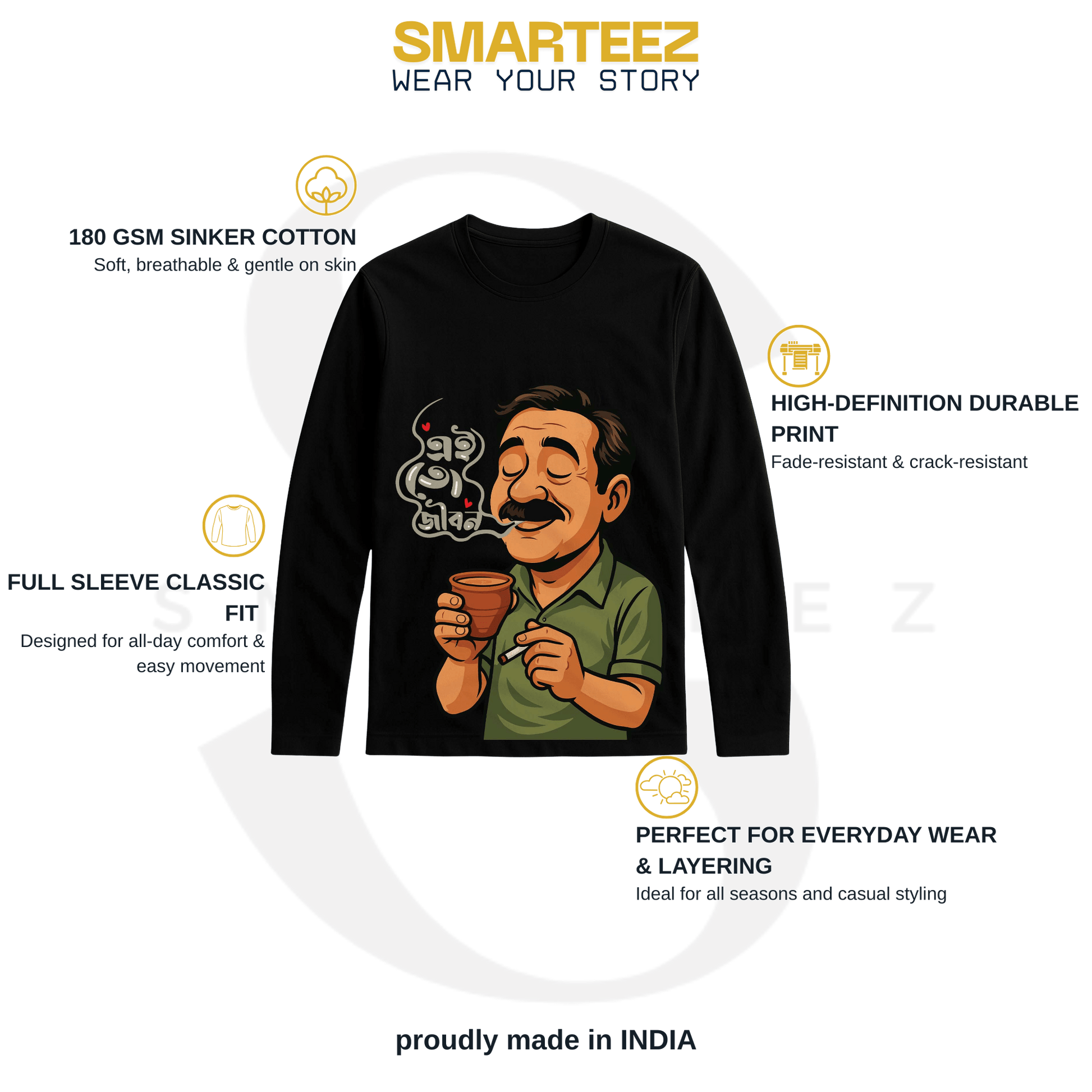 Ei To Jibon T-Shirt - Bengali Full Sleeve Humor featuring cartoon man enjoying tea with smoke forming Bengali script. Ideal for adda and casual wear.