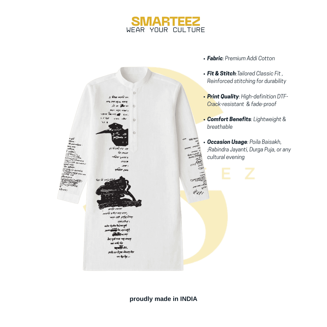 White Cotton Panjabi with Tagore manuscript design by SMARTEEZ, made from premium Addit cotton, perfect for traditional Bengali celebrations.