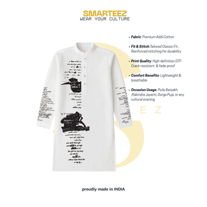 White Cotton Panjabi with Tagore manuscript design by SMARTEEZ, made from premium Addit cotton, perfect for traditional Bengali celebrations.