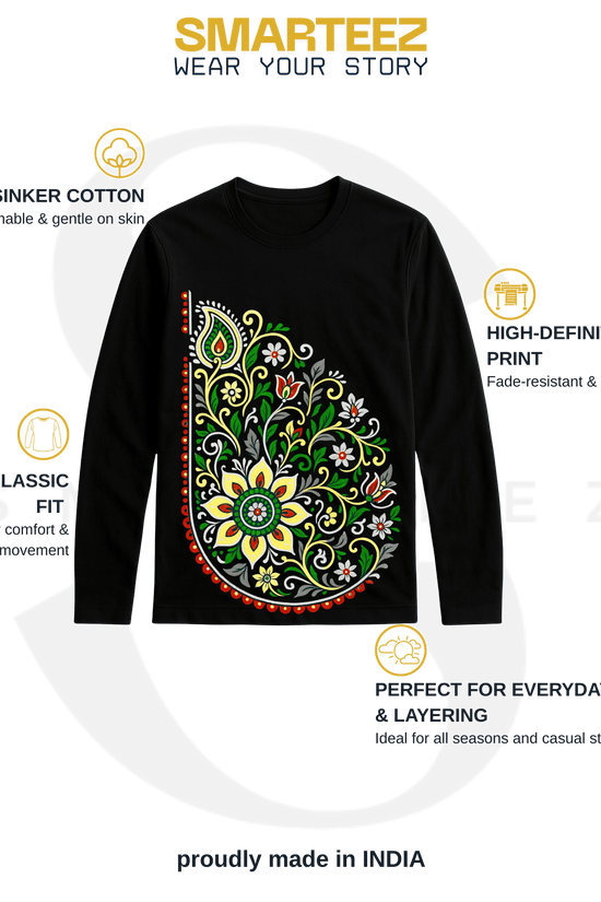Floral Paisley T-Shirt - Graphic Full Sleeves | Unisex, Cotton. Black full sleeves t-shirt with vibrant floral paisley print, ideal for casual wear.