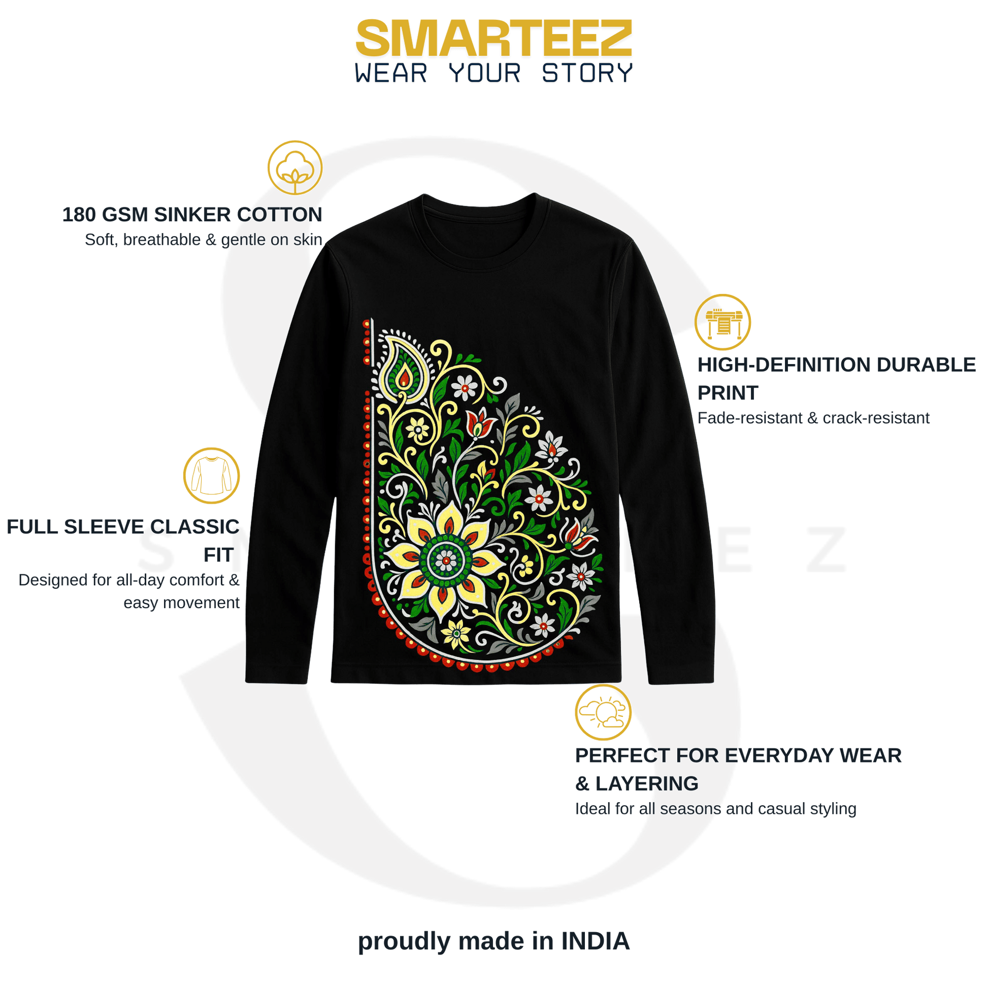 Floral Paisley T-Shirt - Graphic Full Sleeves | Unisex, Cotton. Black full sleeves t-shirt with vibrant floral paisley print, ideal for casual wear.