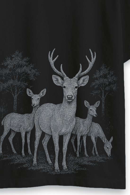Close-up of Forest Deer T-Shirt showcasing intricate deer and forest artwork, ideal for nature lovers seeking oversized wildlife graphic tees.