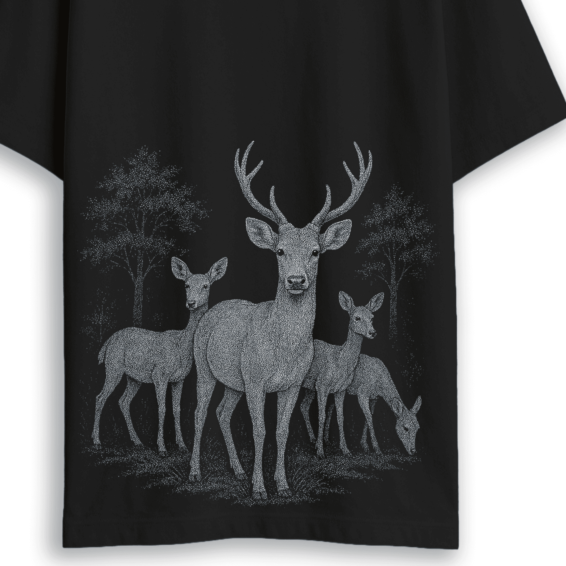 Close-up of Forest Deer T-Shirt showcasing intricate deer and forest artwork, ideal for nature lovers seeking oversized wildlife graphic tees.