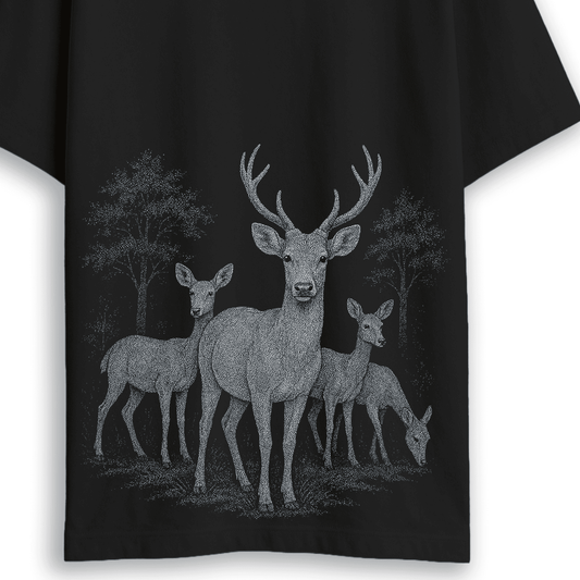 Close-up of Forest Deer T-Shirt showcasing intricate deer and forest artwork, ideal for nature lovers seeking oversized wildlife graphic tees.