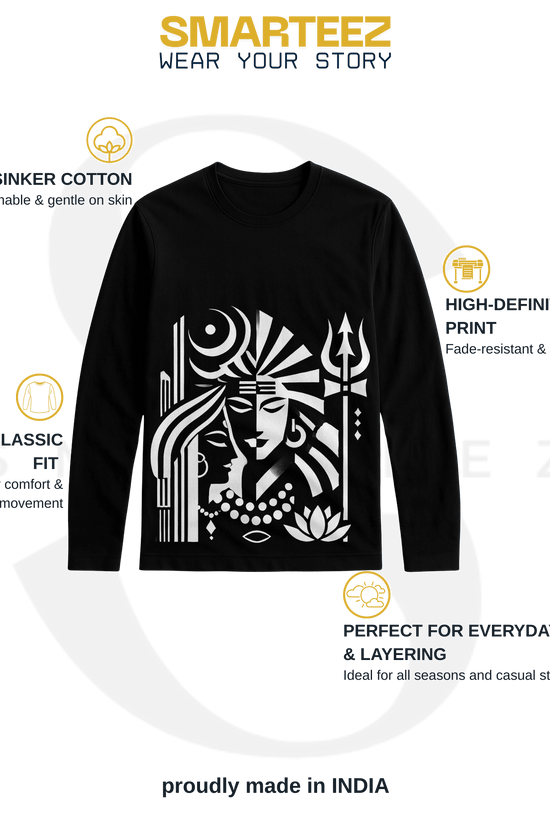 Unisex Shiva-Shakti Shirt with bold white graphic on black cotton fabric, featuring divine artwork and full sleeves for spiritual everyday wear.