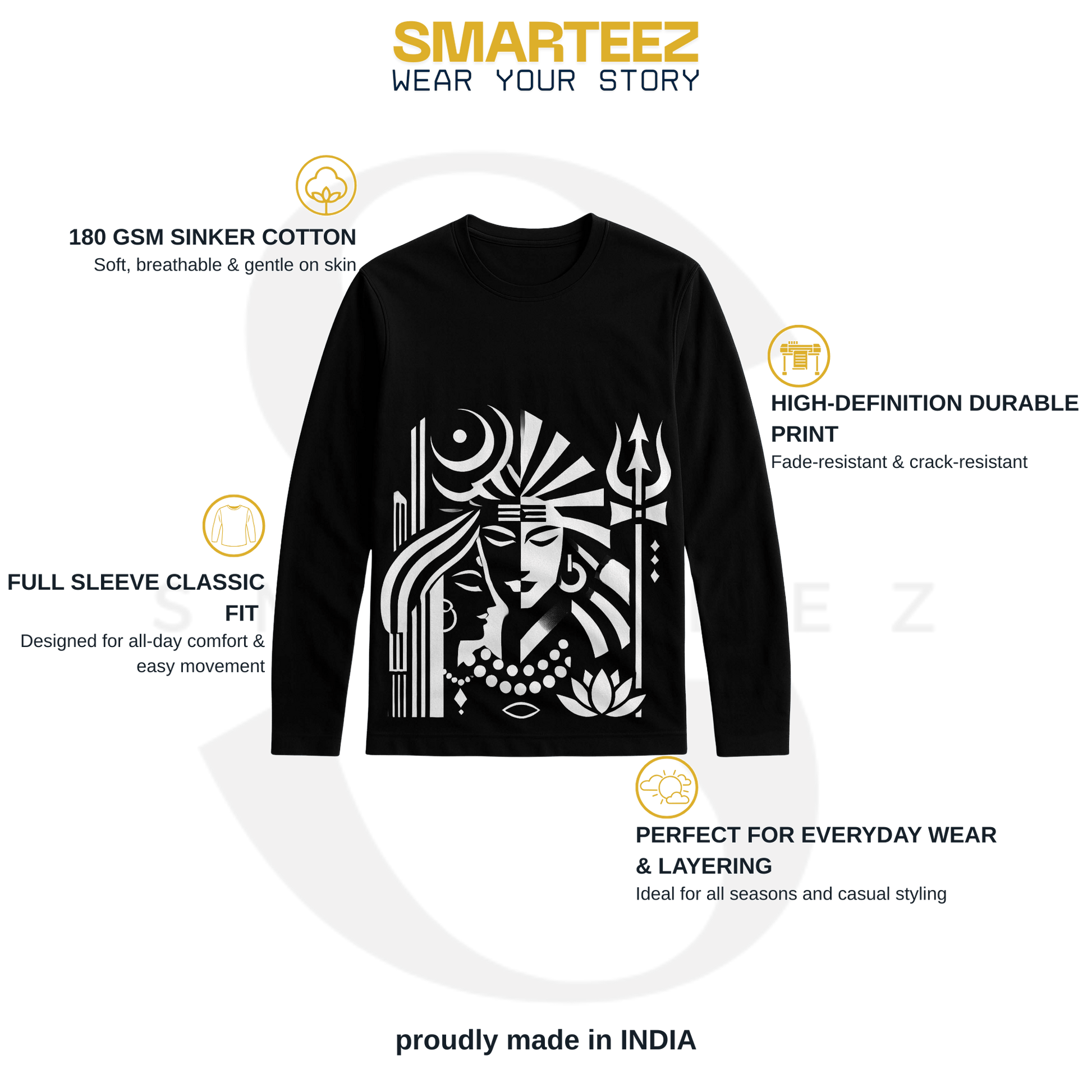 Unisex Shiva-Shakti Shirt with bold white graphic on black cotton fabric, featuring divine artwork and full sleeves for spiritual everyday wear.