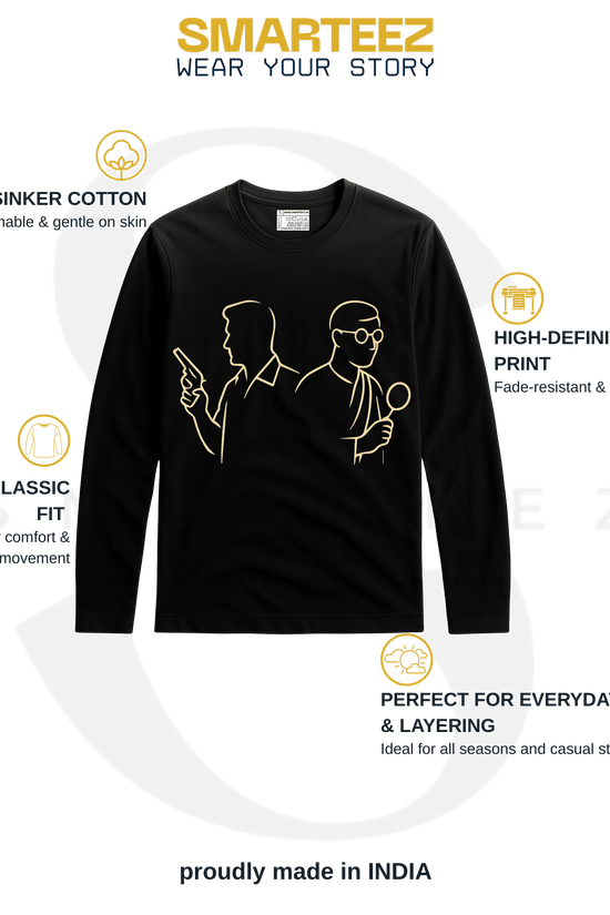 Feluda Byomkesh T-Shirt - Satyajit Ray Tribute in black full sleeves with golden line art of Bengali detective legends, made of 180 GSM cotton.