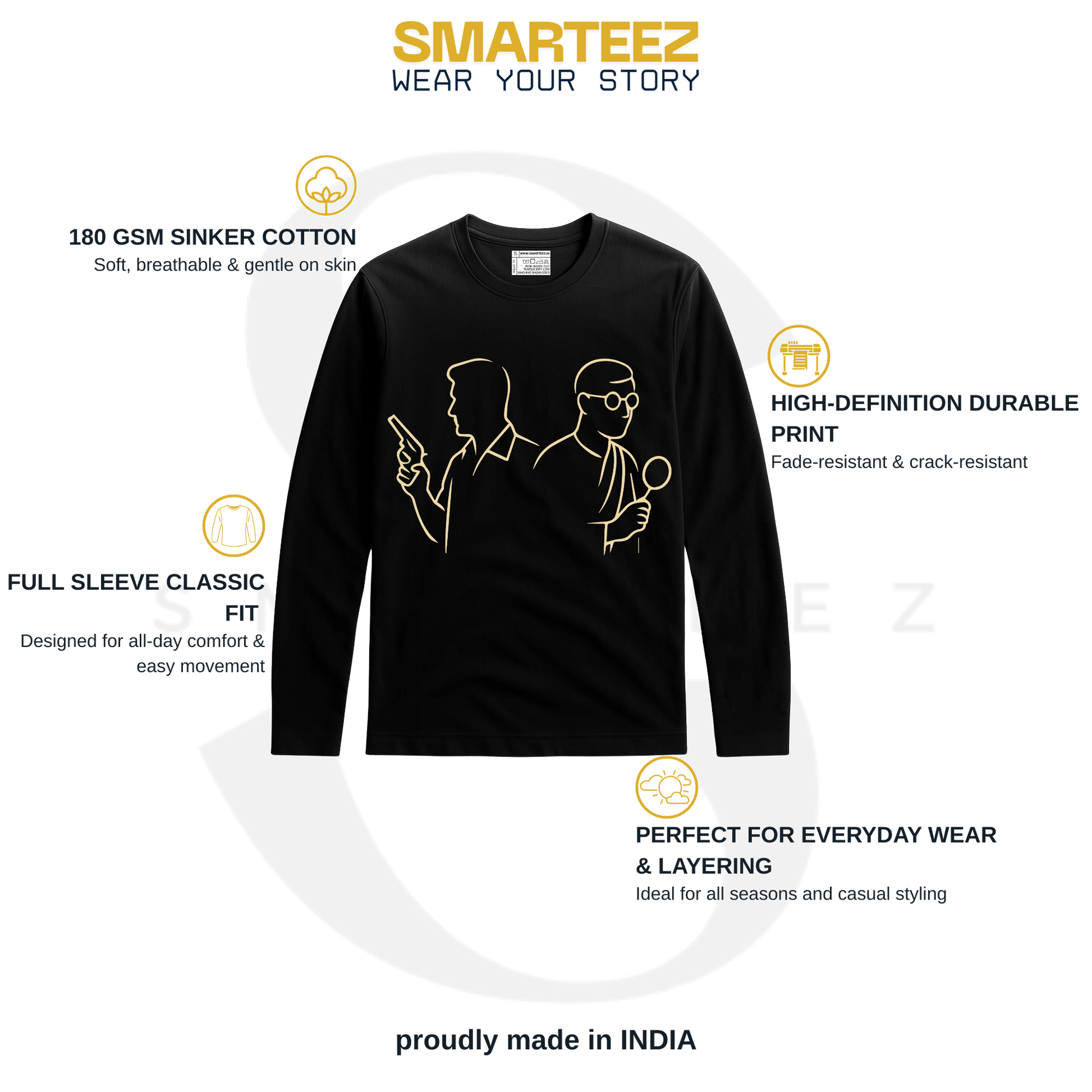 Feluda Byomkesh T-Shirt - Satyajit Ray Tribute in black full sleeves with golden line art of Bengali detective legends, made of 180 GSM cotton.