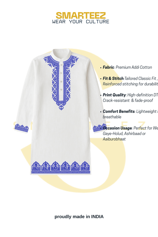 Bengali Panjabi - Palki Print Kurta in white cotton with blue traditional motifs, ideal for weddings and festive occasions. Features intricate neckline and hem design.