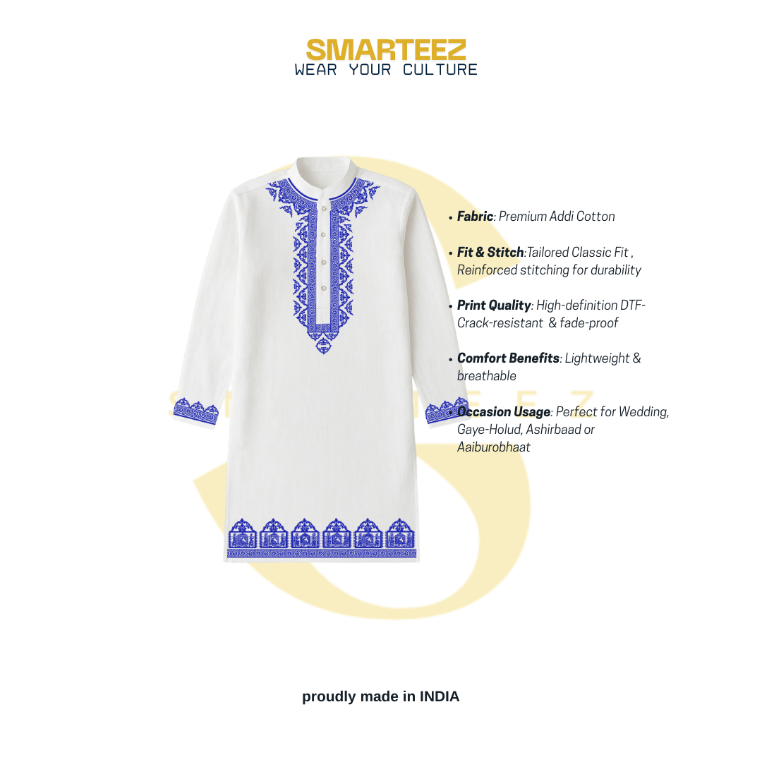 Bengali Panjabi - Palki Print Kurta in white cotton with blue traditional motifs, ideal for weddings and festive occasions. Features intricate neckline and hem design.