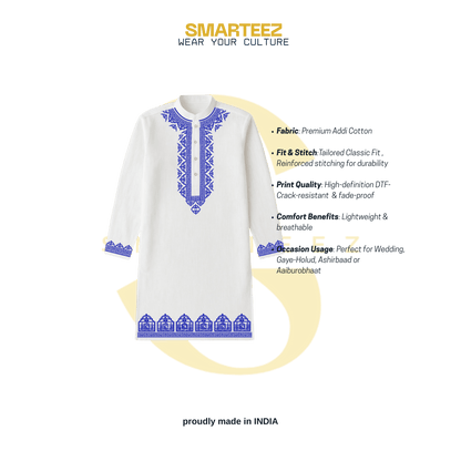 Bengali Panjabi - Palki Print Kurta in white cotton with blue traditional motifs, ideal for weddings and festive occasions. Features intricate neckline and hem design.