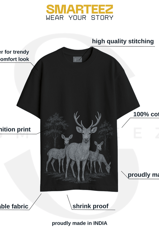 Forest Deer T-Shirt displayed with brand highlights like breathable cotton, high-definition print, and oversized comfort fit by Smarteez.