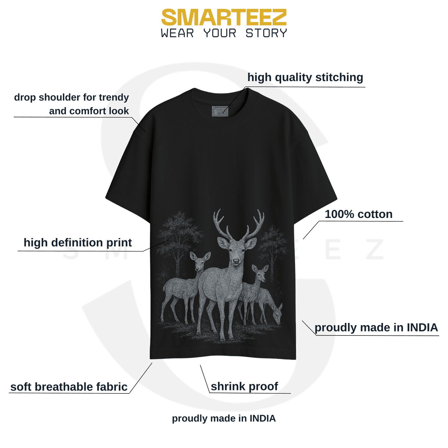 Forest Deer T-Shirt displayed with brand highlights like breathable cotton, high-definition print, and oversized comfort fit by Smarteez.