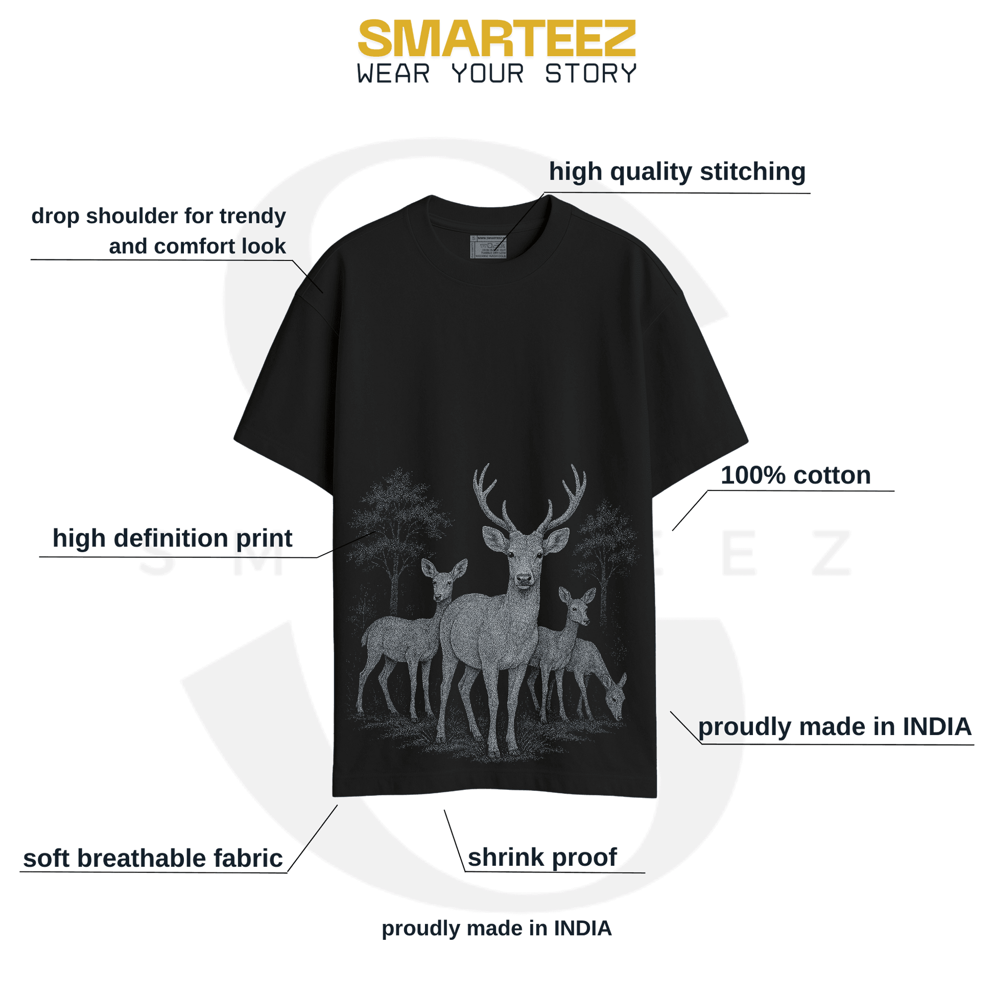 Forest Deer T-Shirt displayed with brand highlights like breathable cotton, high-definition print, and oversized comfort fit by Smarteez.