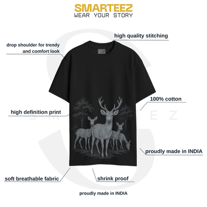 Forest Deer T-Shirt displayed with brand highlights like breathable cotton, high-definition print, and oversized comfort fit by Smarteez.
