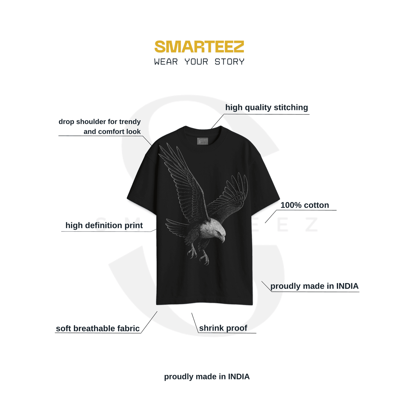 Eagle Strike T-Shirt displayed with brand highlights like breathable cotton, drop shoulder design, and made in India craftsmanship.