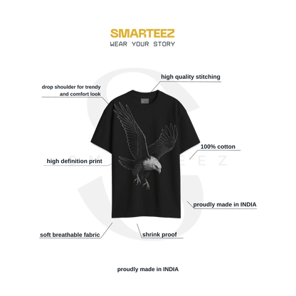 Eagle Strike T-Shirt displayed with brand highlights like breathable cotton, drop shoulder design, and made in India craftsmanship.