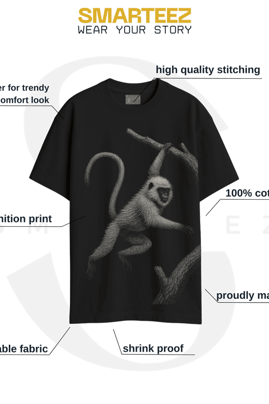 Hanuman Langur T-Shirt - Animal T-Shirt | Wildlife design, Unisex shown with product features like 100% cotton, high-def print, and breathable fabric.