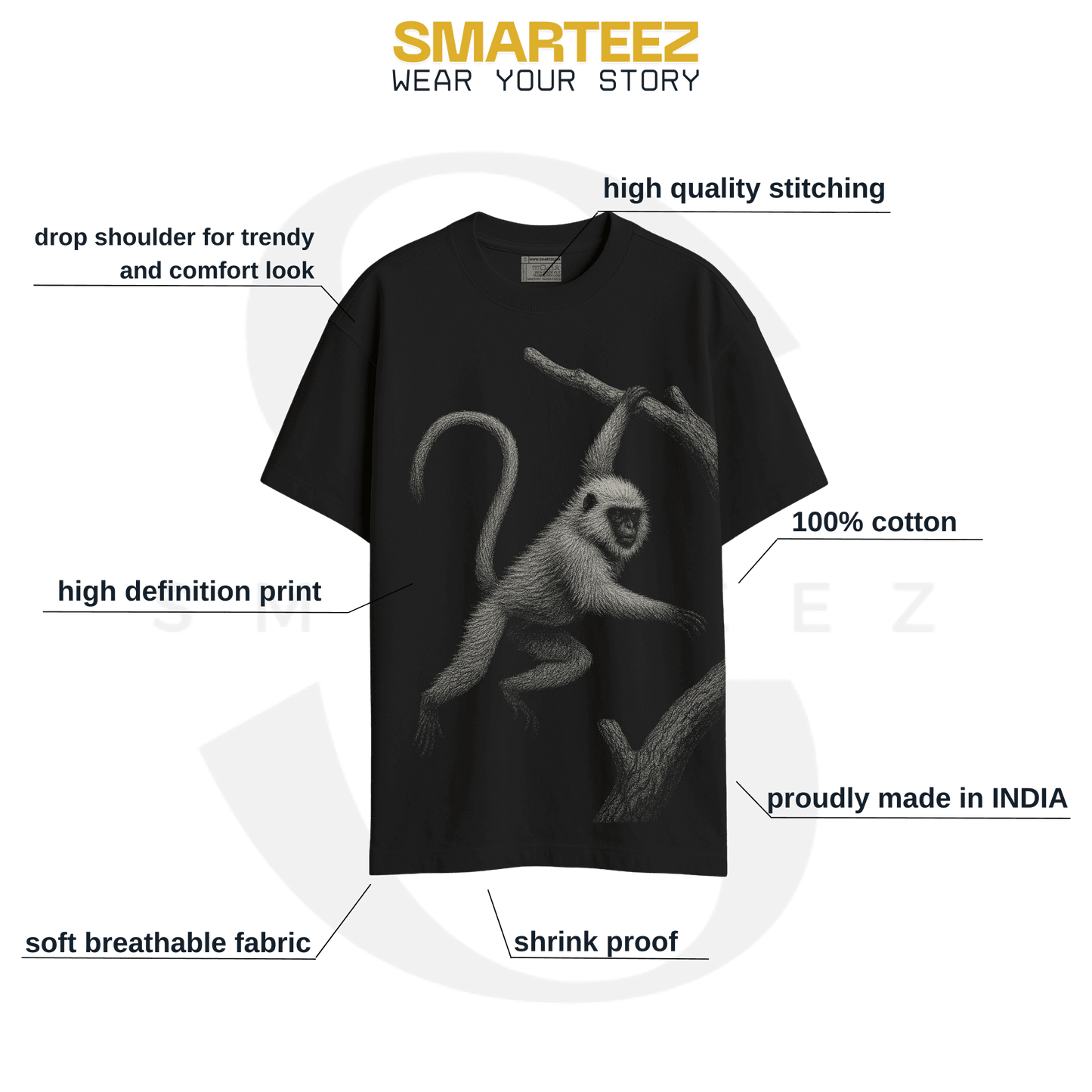 Hanuman Langur T-Shirt - Animal T-Shirt | Wildlife design, Unisex shown with product features like 100% cotton, high-def print, and breathable fabric.
